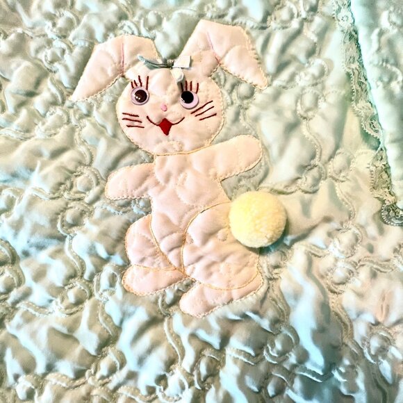 Vintage Satiny Green Bunny Blanket 28X44 - Picture 2 of 10